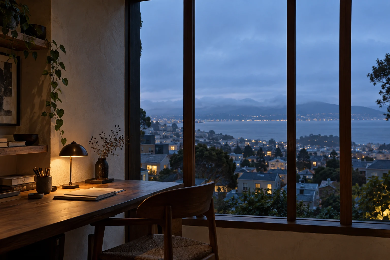 A quiet Bay Area-inspired studio overlooking rooftops and the bay at blue hour