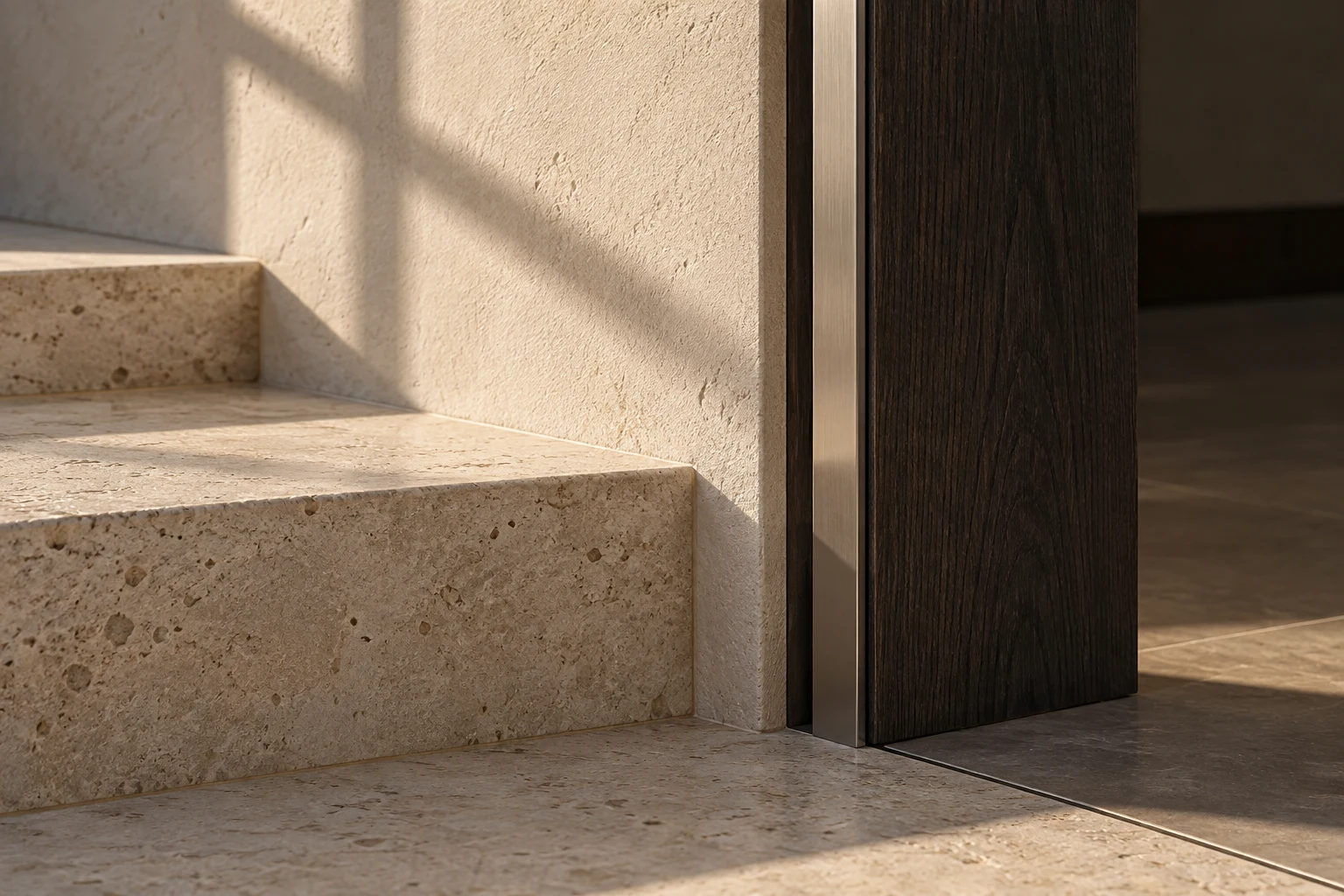 Afternoon light across limestone, plaster and dark oak joinery