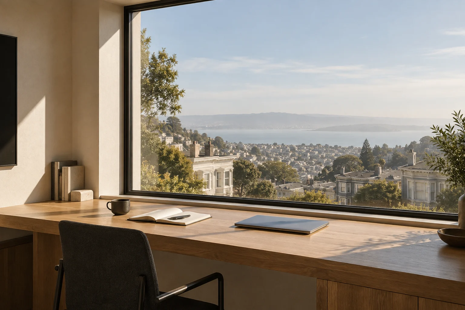 A sunlit studio overlooking San Francisco-inspired rooftops and the bay